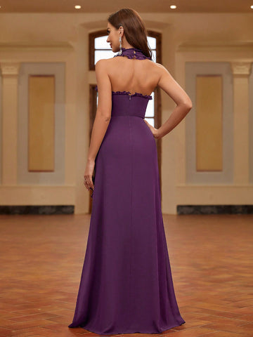 Bridesmaid Dress With Deep V-Neck, Halter Neckline, Ruffled Hem And High Slit
