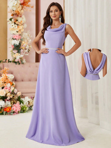 Bridesmaid Dress With Draped Neckline, Waist Belt, Hollow Back And Weaving Detail