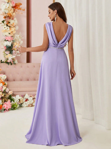Bridesmaid Dress With Draped Neckline, Waist Belt, Hollow Back And Weaving Detail