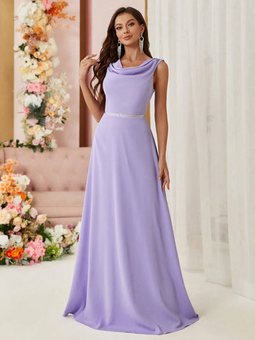Bridesmaid Dress With Draped Neckline, Waist Belt, Hollow Back And Weaving Detail