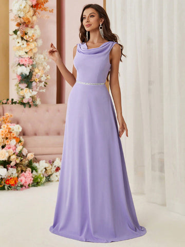 Bridesmaid Dress With Draped Neckline, Waist Belt, Hollow Back And Weaving Detail