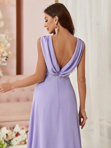 Bridesmaid Dress With Draped Neckline, Waist Belt, Hollow Back And Weaving Detail
