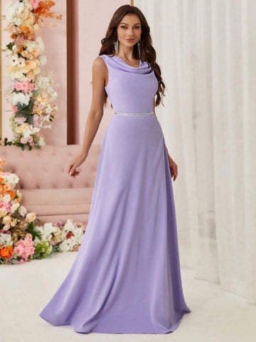 Bridesmaid Dress With Draped Neckline, Waist Belt, Hollow Back And Weaving Detail