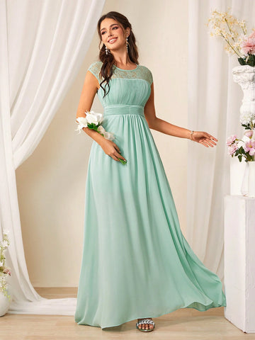Bridesmaid Dress With Lace Patchwork, Pleats On Waist