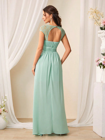 Bridesmaid Dress With Lace Patchwork, Pleats On Waist