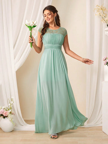Bridesmaid Dress With Lace Patchwork, Pleats On Waist