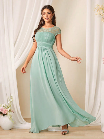 Bridesmaid Dress With Lace Patchwork, Pleats On Waist