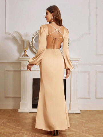 Bridesmaid Dress With Large Back & Mid Hollow Out Lace Detail And Flared Sleeves