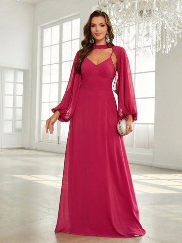 Bridesmaid Dress With Open Back And Lantern Sleeve