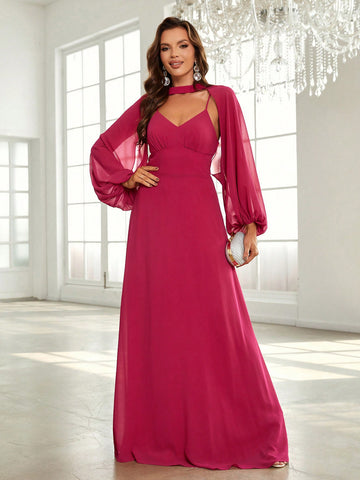 Bridesmaid Dress With Open Back And Lantern Sleeve