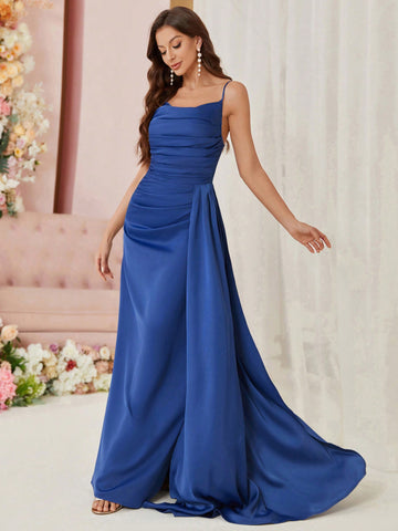Bridesmaid Dress With Pleats, Slit, Streamers, And Spaghetti Straps