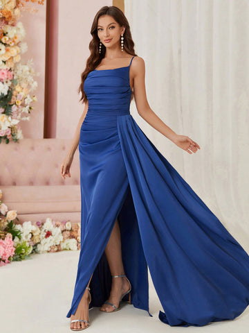 Bridesmaid Dress With Pleats, Slit, Streamers, And Spaghetti Straps