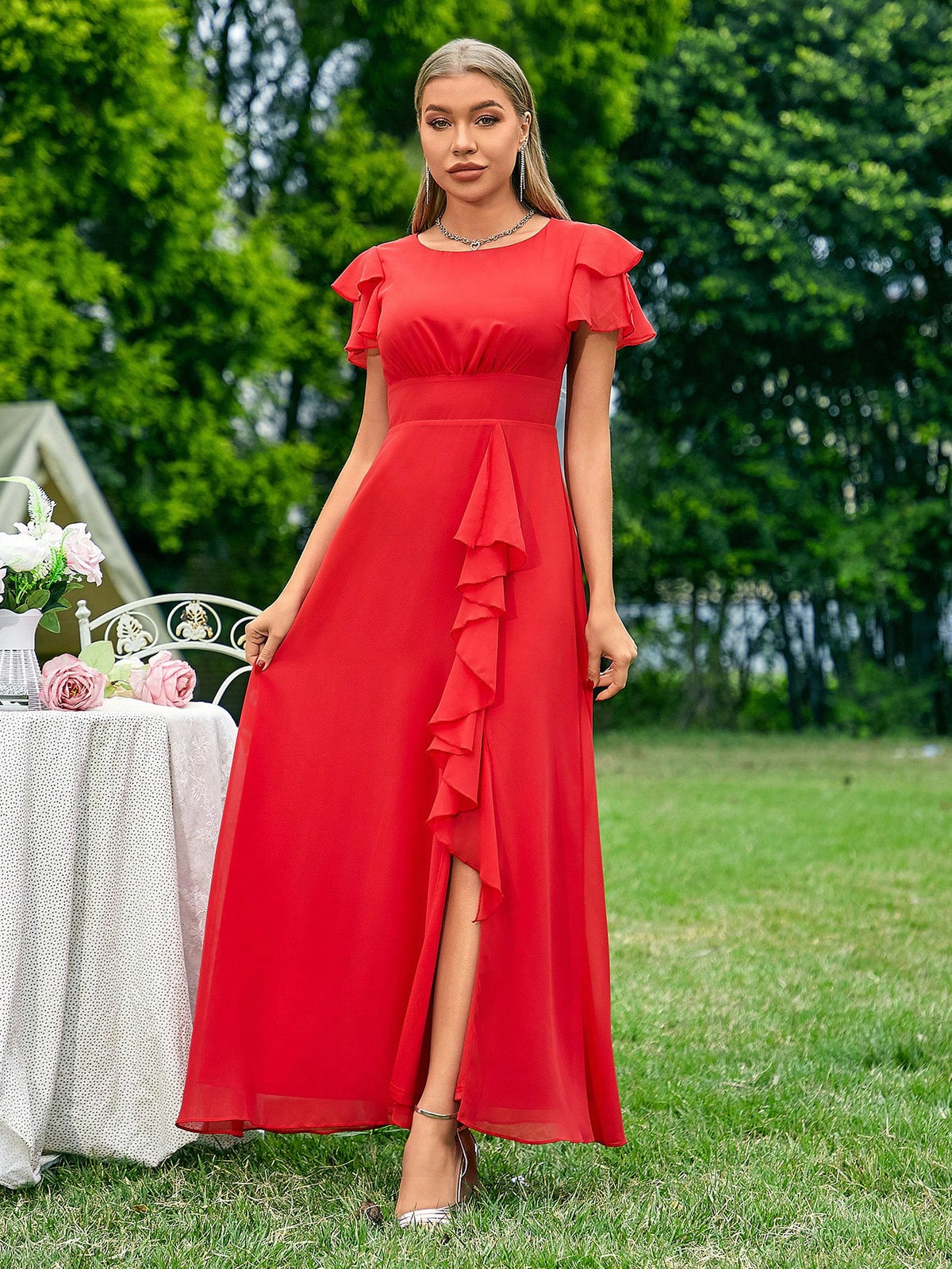 Bridesmaid Dress With Round Neckline, Slit And Ruffles