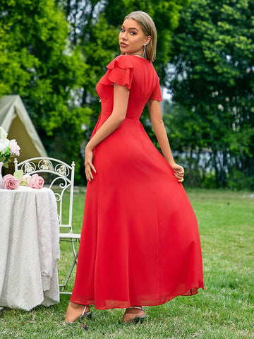 Bridesmaid Dress With Round Neckline, Slit And Ruffles