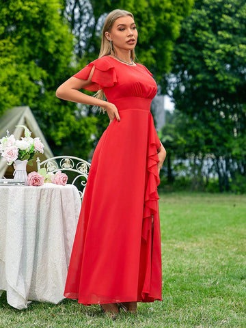 Bridesmaid Dress With Round Neckline, Slit And Ruffles