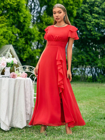 Bridesmaid Dress With Round Neckline, Slit And Ruffles