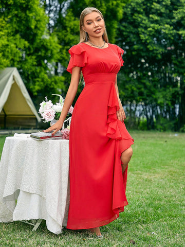 Bridesmaid Dress With Round Neckline, Slit And Ruffles