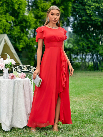Bridesmaid Dress With Round Neckline, Slit And Ruffles