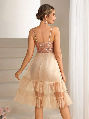 Bridesmaid Dress With Sequin Embellished Mesh Overlay, Ruffle Hem And Spaghetti Straps