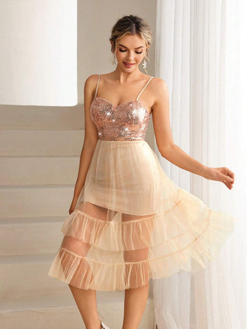 Bridesmaid Dress With Sequin Embellished Mesh Overlay, Ruffle Hem And Spaghetti Straps