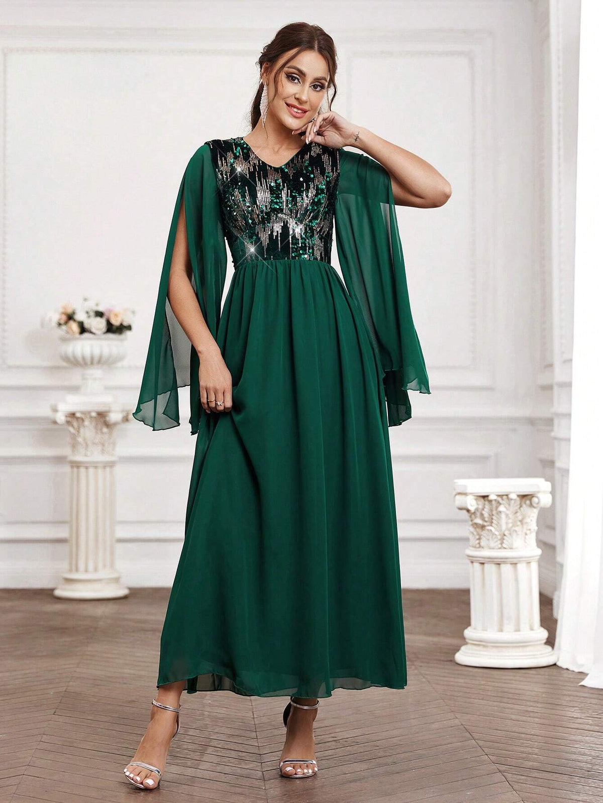 Bridesmaid Dress With Sequin Patchwork And Split Sleeves