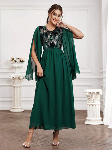 Bridesmaid Dress With Sequin Patchwork And Split Sleeves