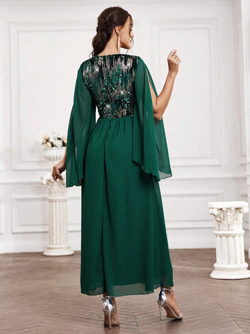 Bridesmaid Dress With Sequin Patchwork And Split Sleeves