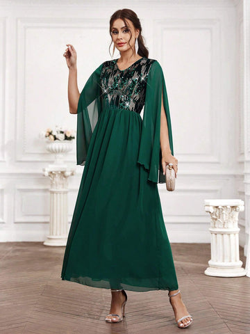 Bridesmaid Dress With Sequin Patchwork And Split Sleeves