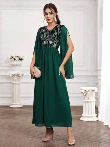 Bridesmaid Dress With Sequin Patchwork And Split Sleeves