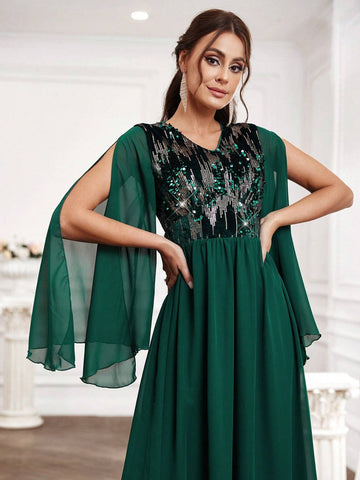 Bridesmaid Dress With Sequin Patchwork And Split Sleeves