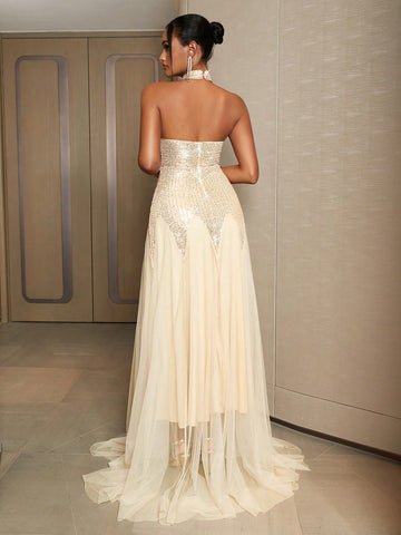 Bridesmaid Dress With Sequined Mesh Gauze And Halter Neck Design