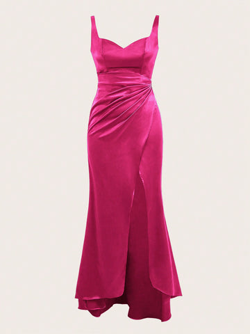 Bridesmaid Dress With Side Slit And Spaghetti Straps