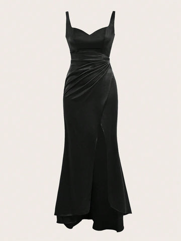Bridesmaid Dress With Spaghetti Straps, Open Back And Split Hem