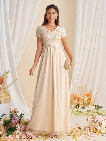Bridesmaid Dress With V-Neck, Sequin Patchwork And Waist Belt