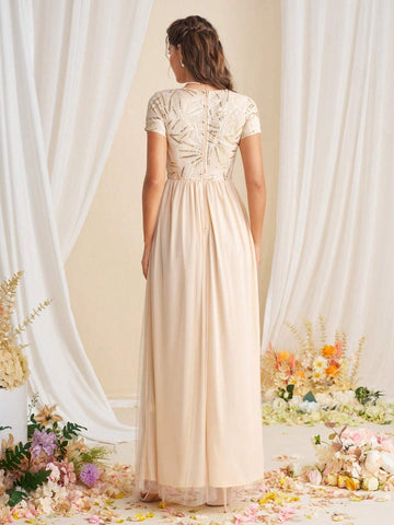 Bridesmaid Dress With V-Neck, Sequin Patchwork And Waist Belt