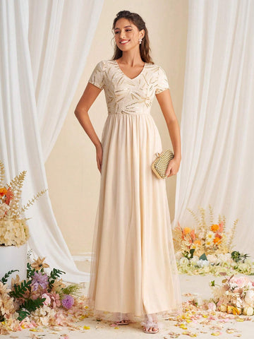 Bridesmaid Dress With V-Neck, Sequin Patchwork And Waist Belt