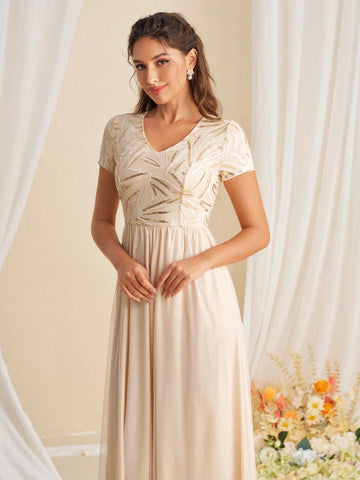 Bridesmaid Dress With V-Neck, Sequin Patchwork And Waist Belt