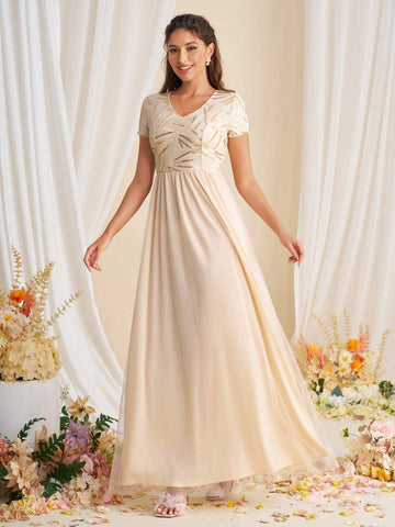 Bridesmaid Dress With V-Neck, Sequin Patchwork And Waist Belt