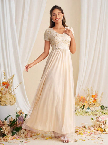 Bridesmaid Dress With V-Neck, Sequin Patchwork And Waist Belt