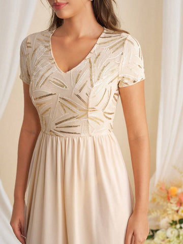 Bridesmaid Dress With V-Neck, Sequin Patchwork And Waist Belt