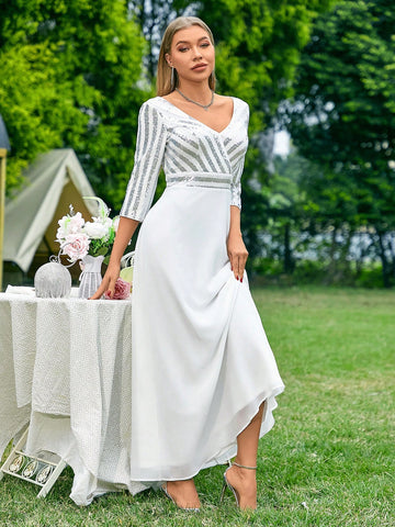 Bridesmaid Long Dress With Sequin Mesh Inserts, Deep V-Neckline, Mid-Sleeves SKU: sz2311309110411478