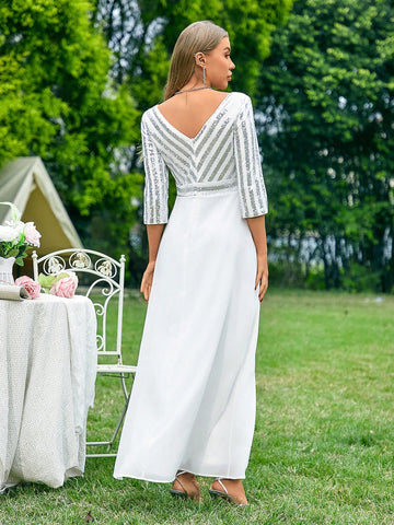 Bridesmaid Long Dress With Sequin Mesh Inserts, Deep V-Neckline, Mid-Sleeves SKU: sz2311309110411478