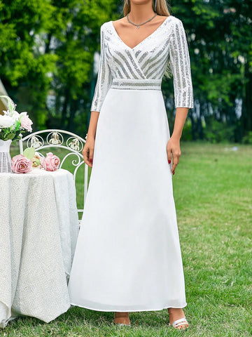 Bridesmaid Long Dress With Sequin Mesh Inserts, Deep V-Neckline, Mid-Sleeves SKU: sz2311309110411478