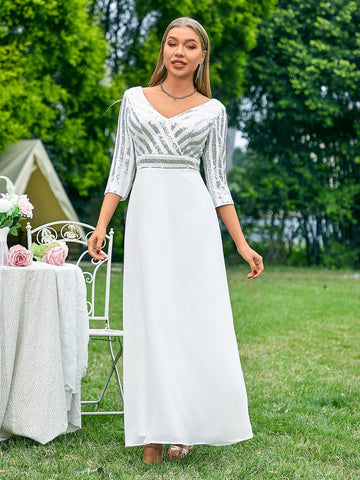 Bridesmaid Long Dress With Sequin Mesh Inserts, Deep V-Neckline, Mid-Sleeves SKU: sz2311309110411478