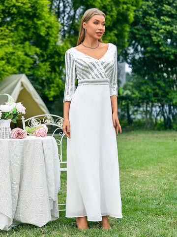 Bridesmaid Long Dress With Sequin Mesh Inserts, Deep V-Neckline, Mid-Sleeves SKU: sz2311309110411478