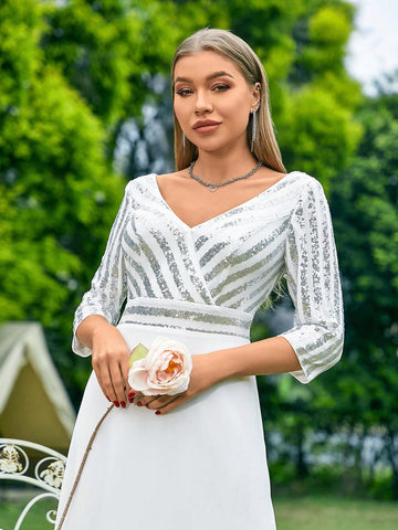 Bridesmaid Long Dress With Sequin Mesh Inserts, Deep V-Neckline, Mid-Sleeves SKU: sz2311309110411478