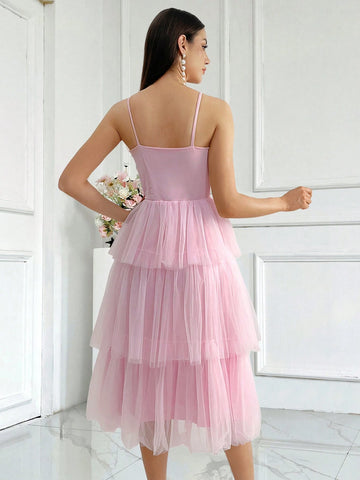 Bridesmaid Pink Multi-Layered Elegant And Sweet Wedding Dress