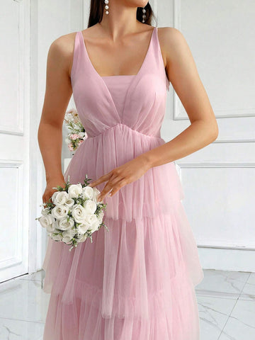 Bridesmaid Pink Multi-Layered Elegant And Sweet Wedding Dress