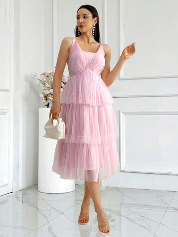 Bridesmaid Pink Multi-Layered Elegant And Sweet Wedding Dress