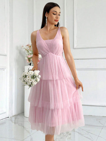 Bridesmaid Pink Multi-Layered Elegant And Sweet Wedding Dress